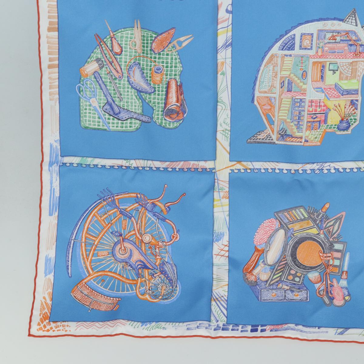 HERMES Carre 90 Scarf ""Chevaloscope"" Silk Blue Auth am6510