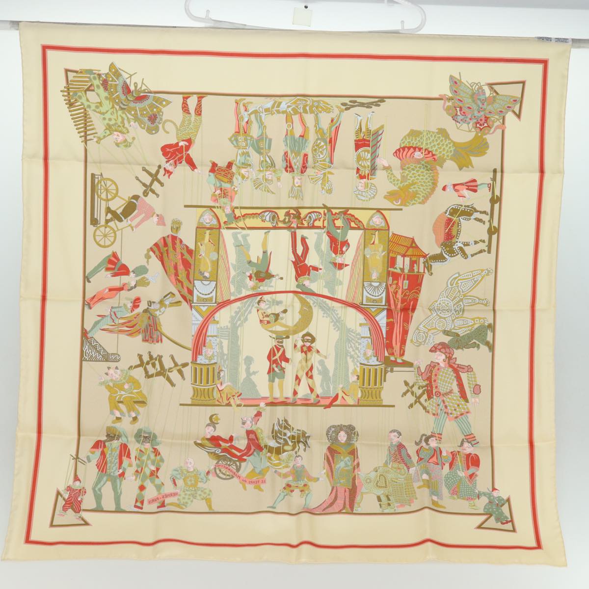 HERMES Carre 90 Scarf ""LE TEMPS des MARIONNETTES"" Silk Beige Auth am6535