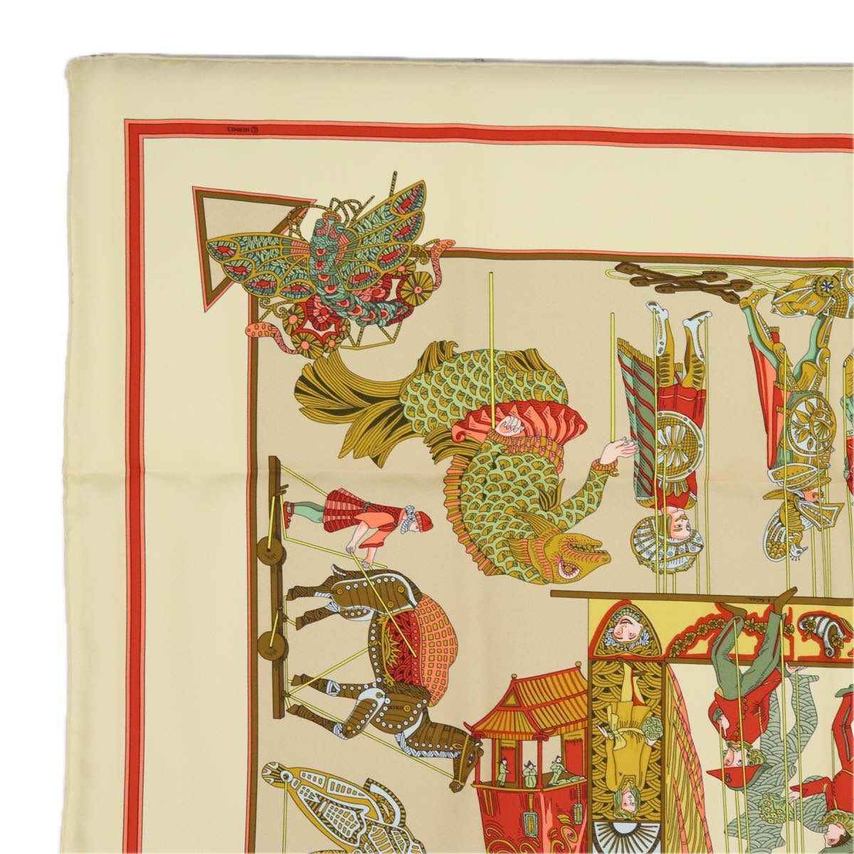 HERMES Carre 90 Scarf ""LE TEMPS des MARIONNETTES"" Silk Beige Auth am6535 - 0