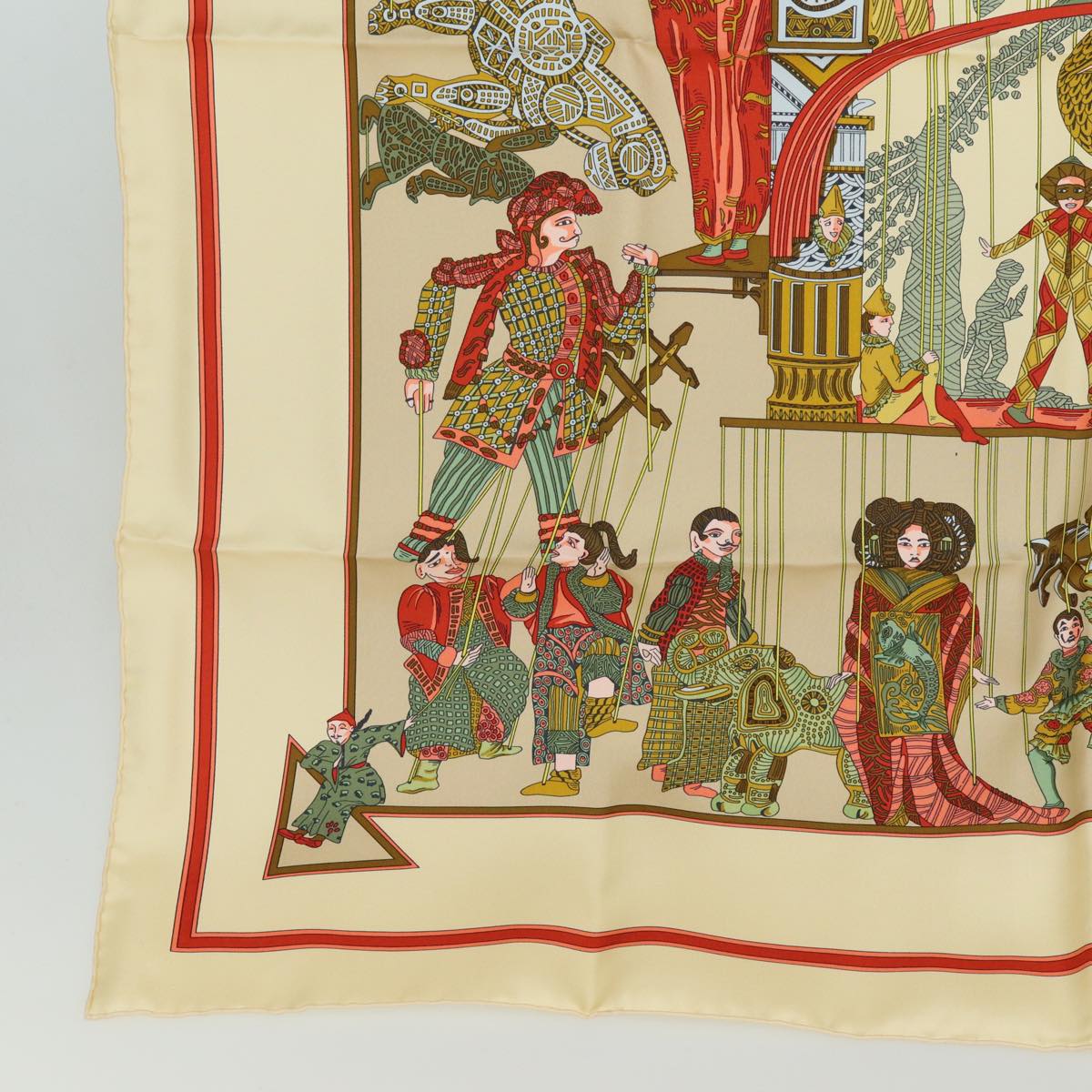 HERMES Carre 90 Scarf ""LE TEMPS des MARIONNETTES"" Silk Beige Auth am6535