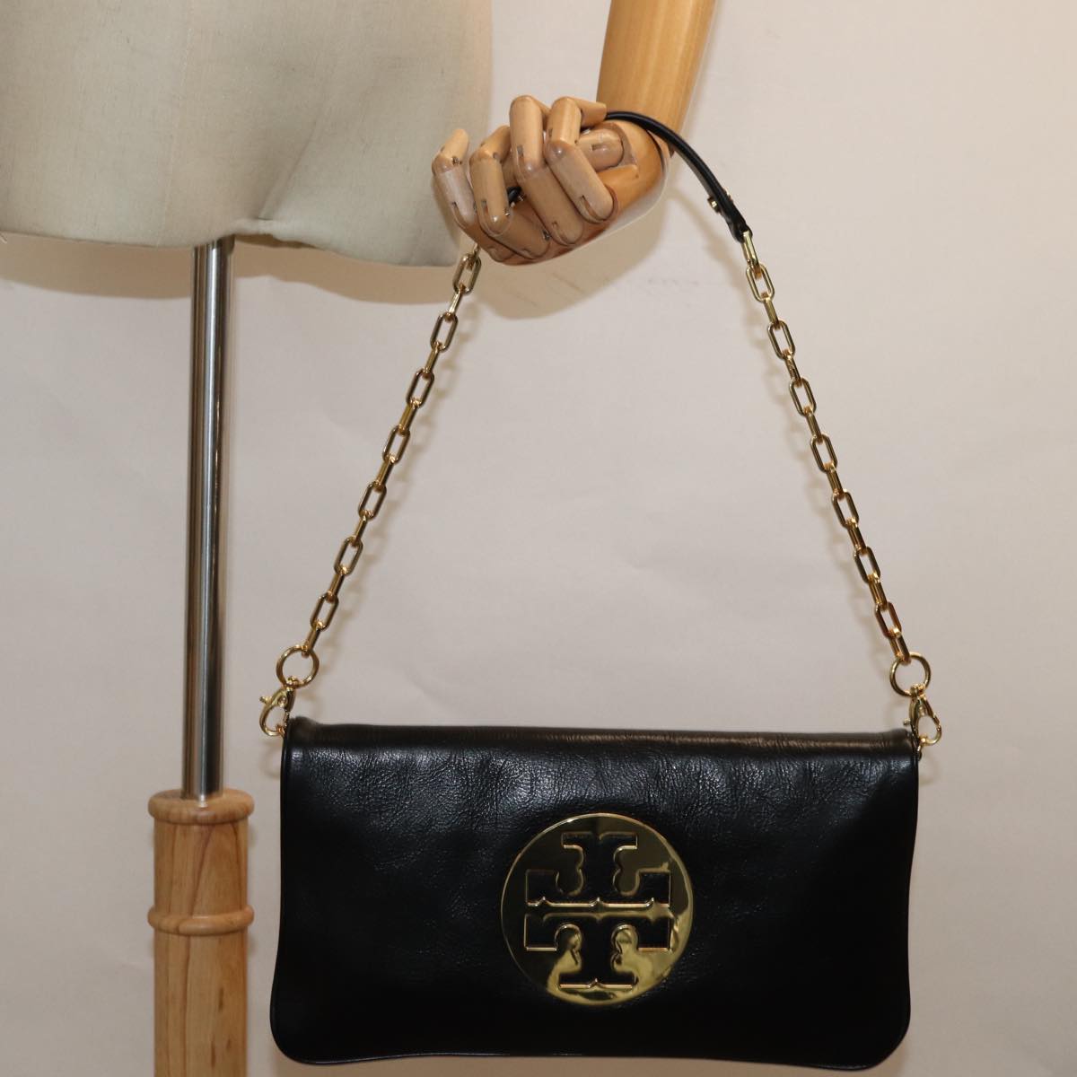 TORY BURCH Chain Shoulder Bag Leather Black Auth am6546