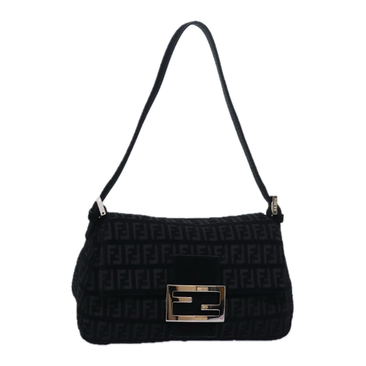 FENDI Zucchino Canvas Mini Mamma Baguette Shoulder Bag Black Auth am6553A