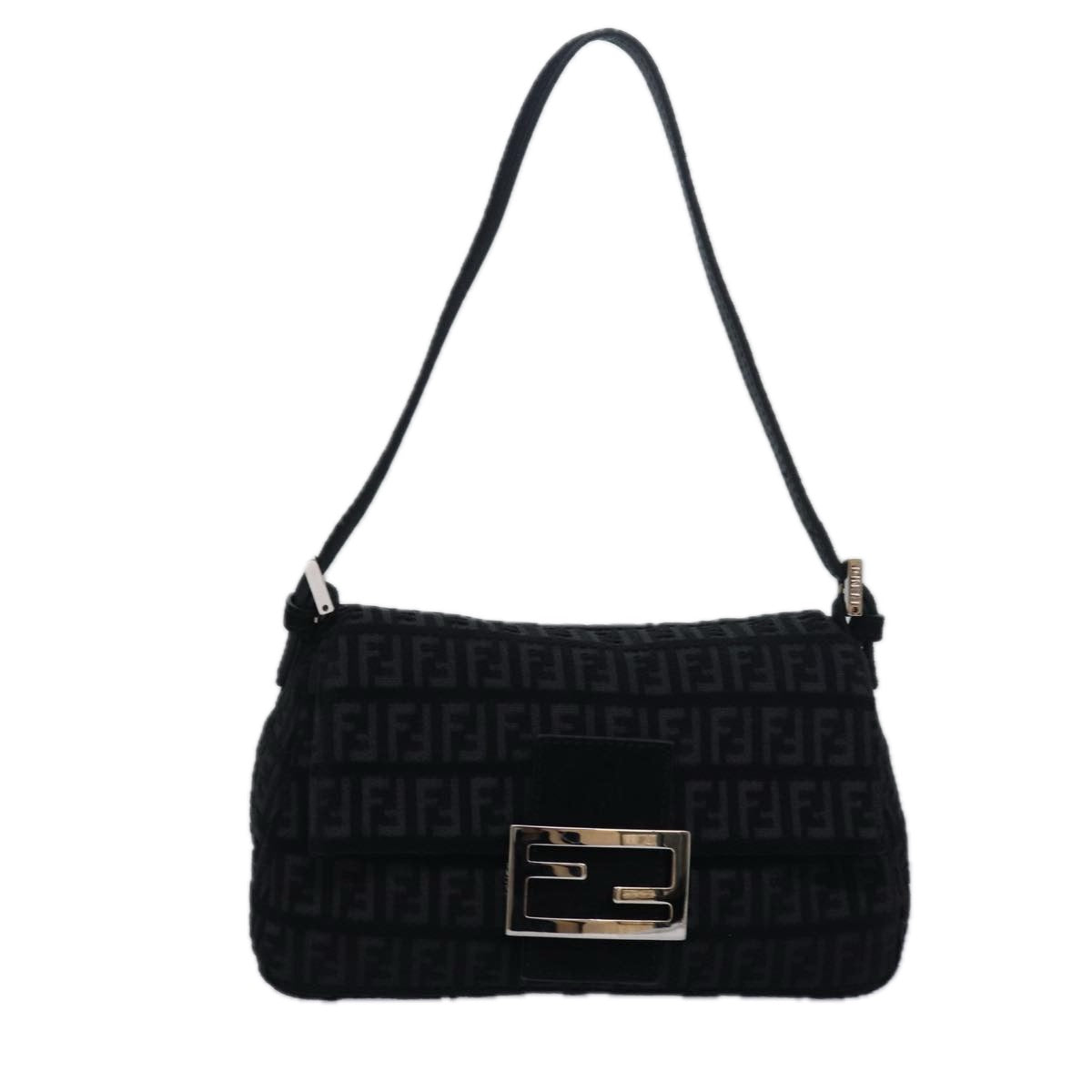 FENDI Zucchino Canvas Mini Mamma Baguette Shoulder Bag Black Auth am6553A