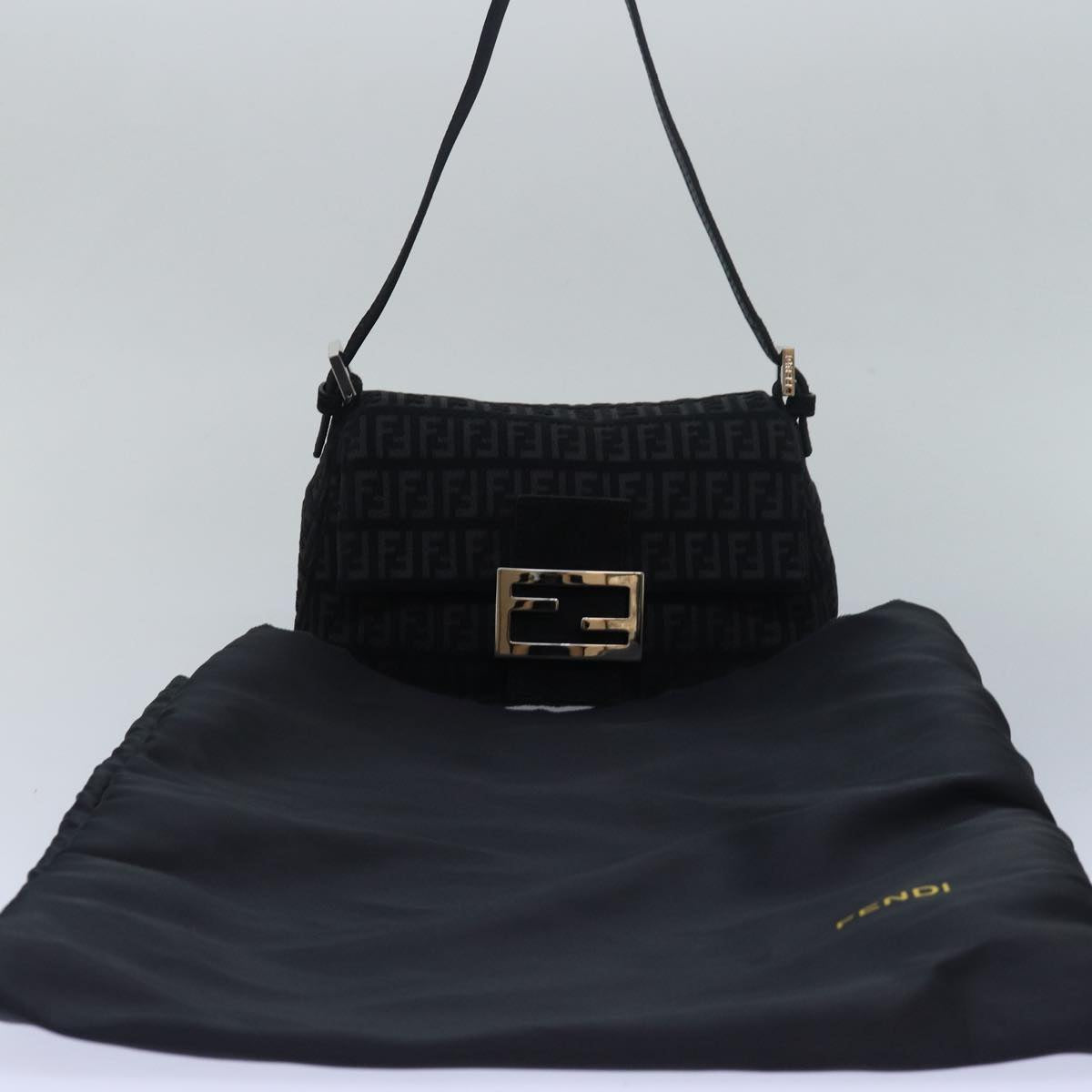 FENDI Zucchino Canvas Mini Mamma Baguette Shoulder Bag Black Auth am6553A