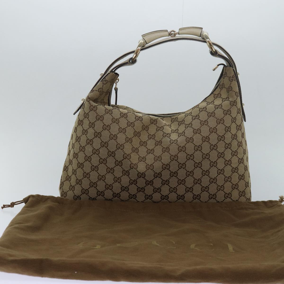 GUCCI Horsebit GG Canvas Hand Bag Beige 115867 Auth am6594A