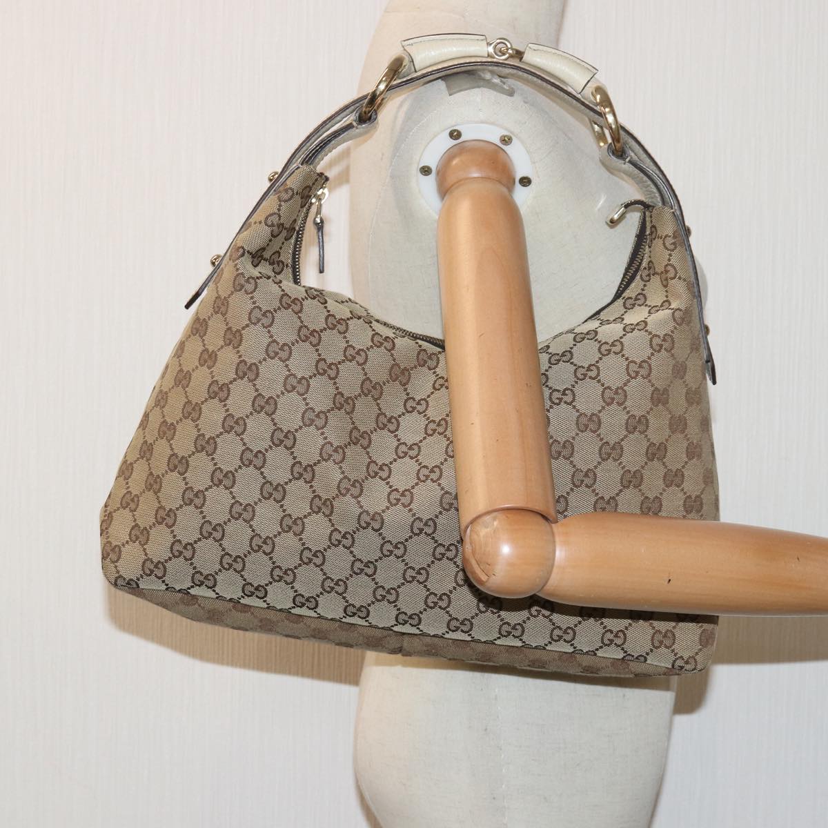 GUCCI Horsebit GG Canvas Hand Bag Beige 115867 Auth am6594A