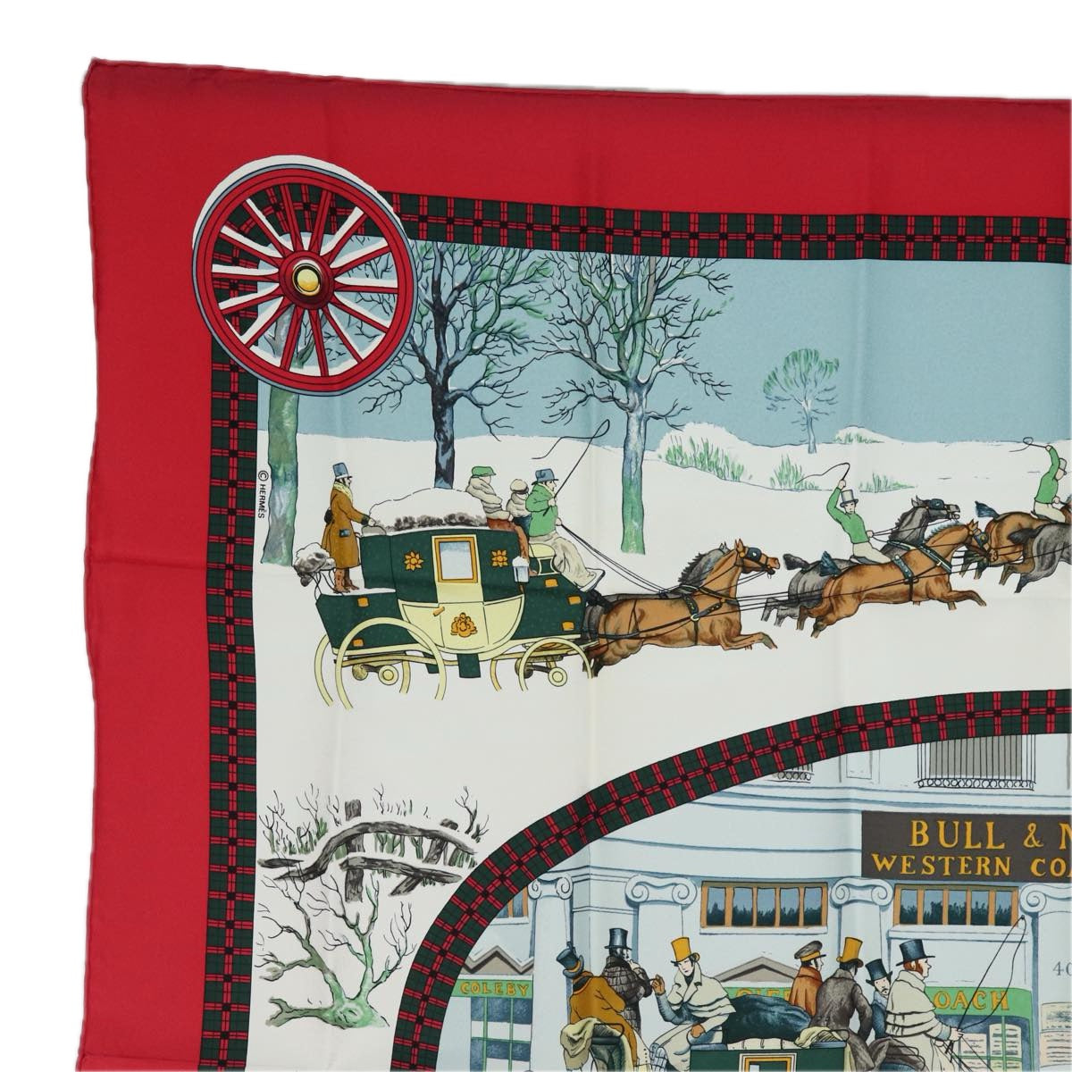 HERMES Carre 90 Scarf ""BULL＆MOUTH WESTERN COACH OFFICE"" Silk Red Auth am6601 - 0