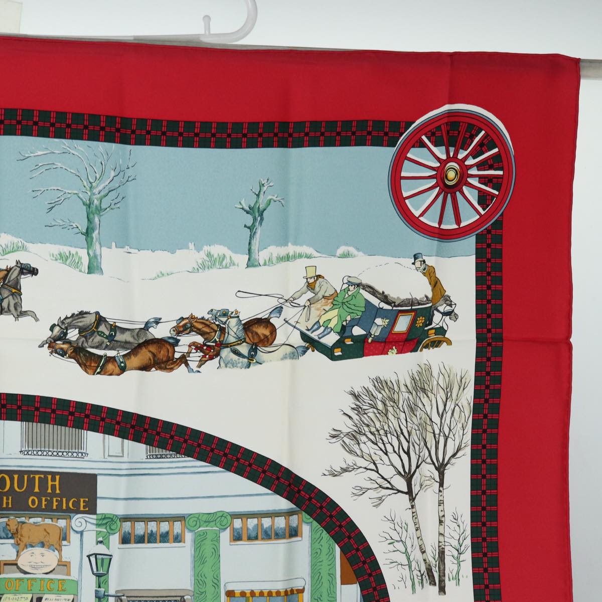 HERMES Carre 90 Scarf ""BULL＆MOUTH WESTERN COACH OFFICE"" Silk Red Auth am6601