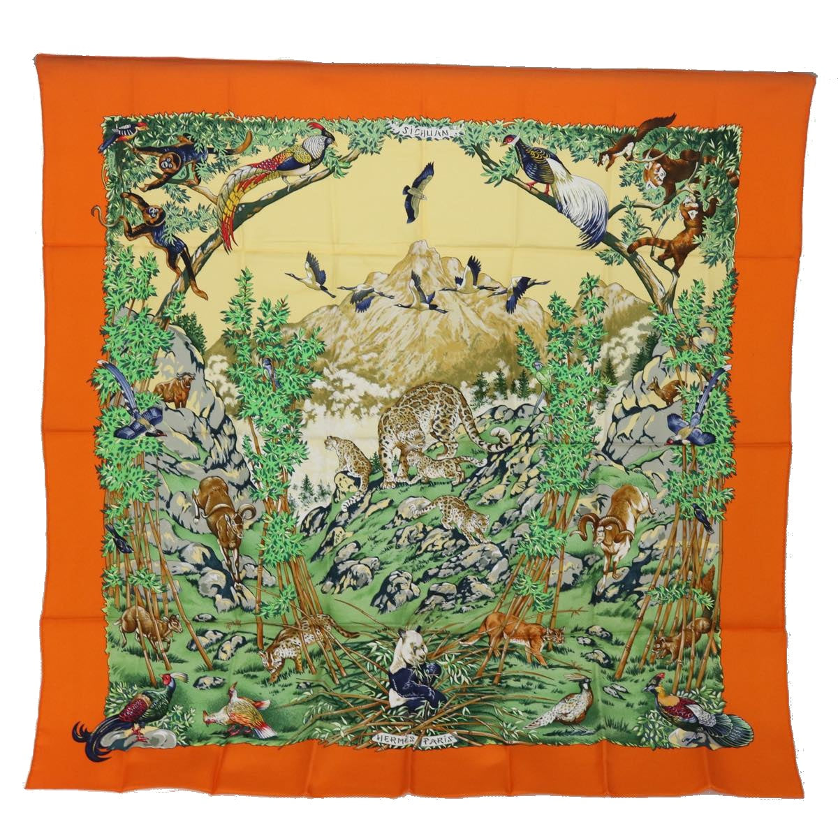 HERMES Silk Carre 90 Scarf ""SICHLIAN"" Silk Orange Auth am6602