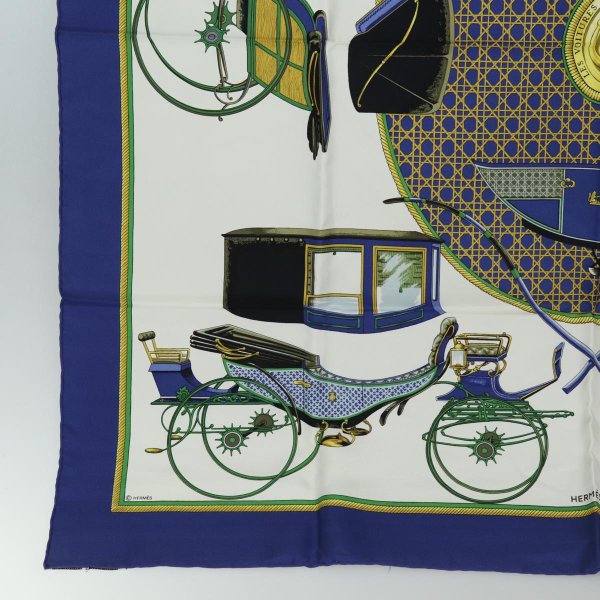 HERMES Carre 90  ""LES VOITURES A TRANSFORMATION"" Silk Blue Auth am6603