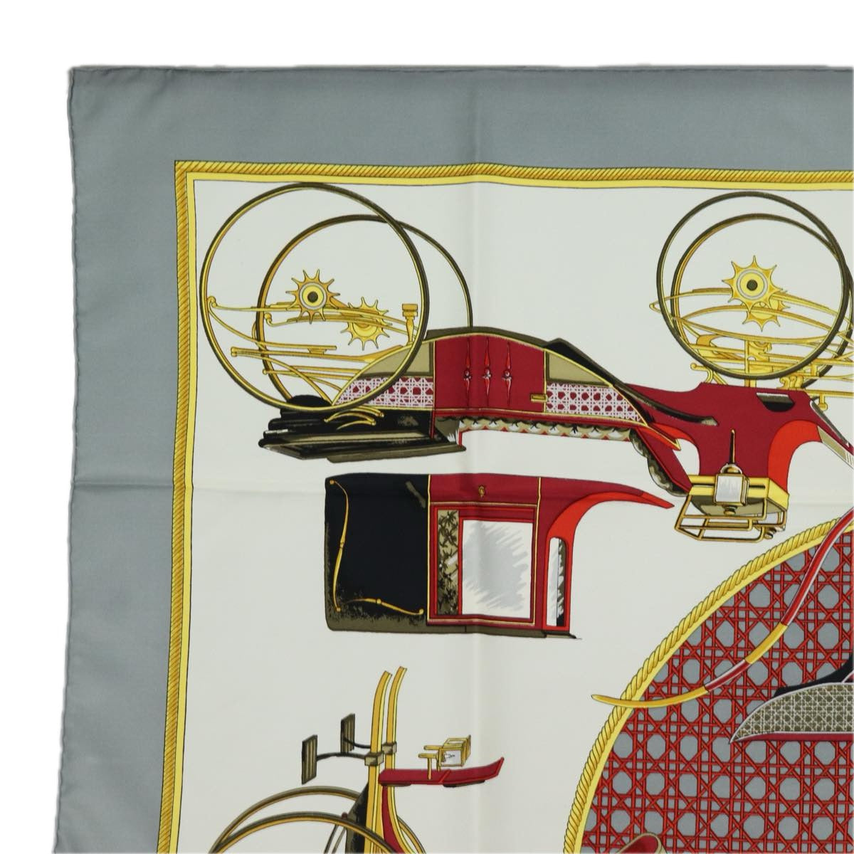 HERMES Carre 90 Scarf ""LES VOITURES A TRANSFORMATION"" Silk Red Auth am6604 - 0