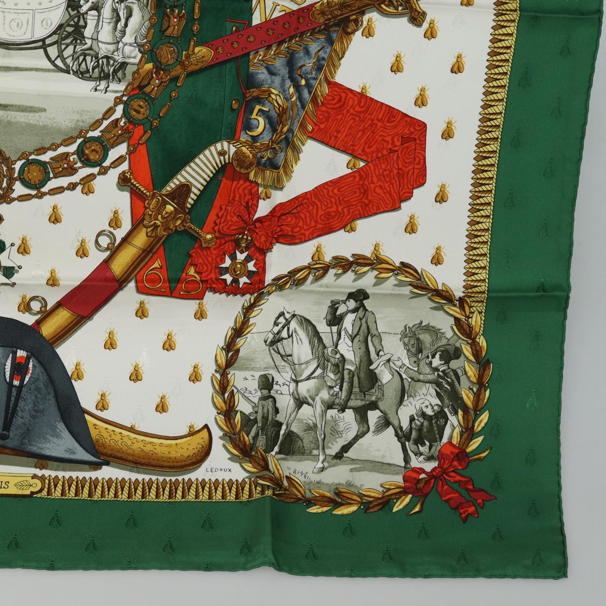 HERMES Carre 90 Scarf ""NAPOLEON"" Silk Green Auth am6606