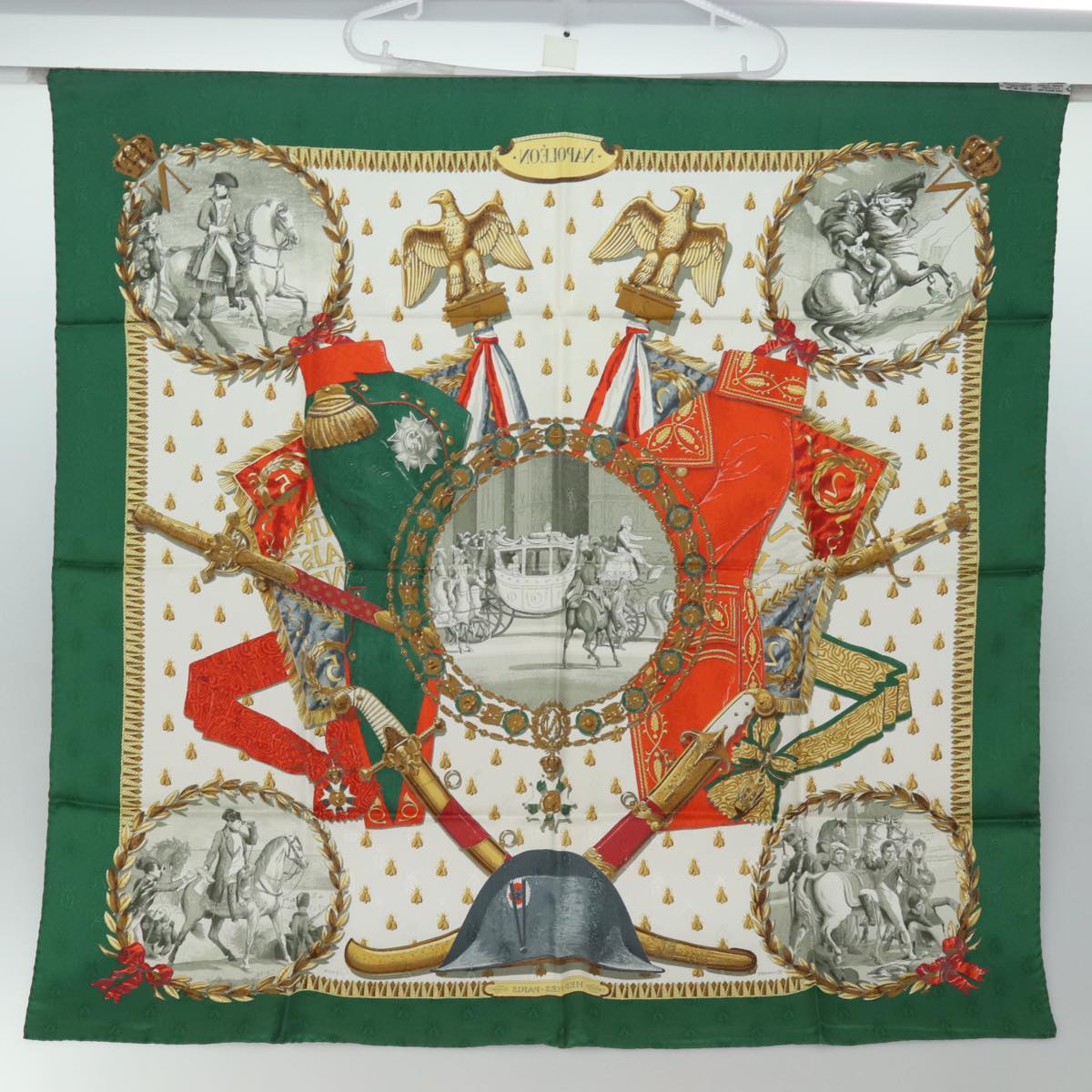 HERMES Carre 90 Scarf ""NAPOLEON"" Silk Green Auth am6606