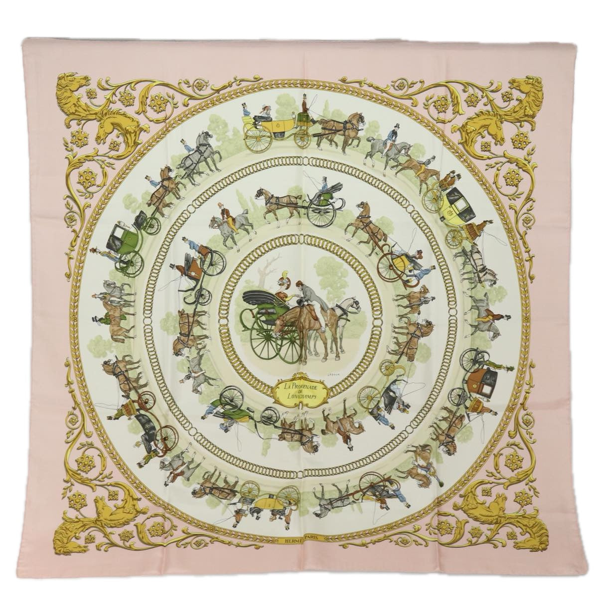 HERMES Carre 90 Scarf ""PROMENADE DE LONGCHAMPS""Silk Pink Auth am6607