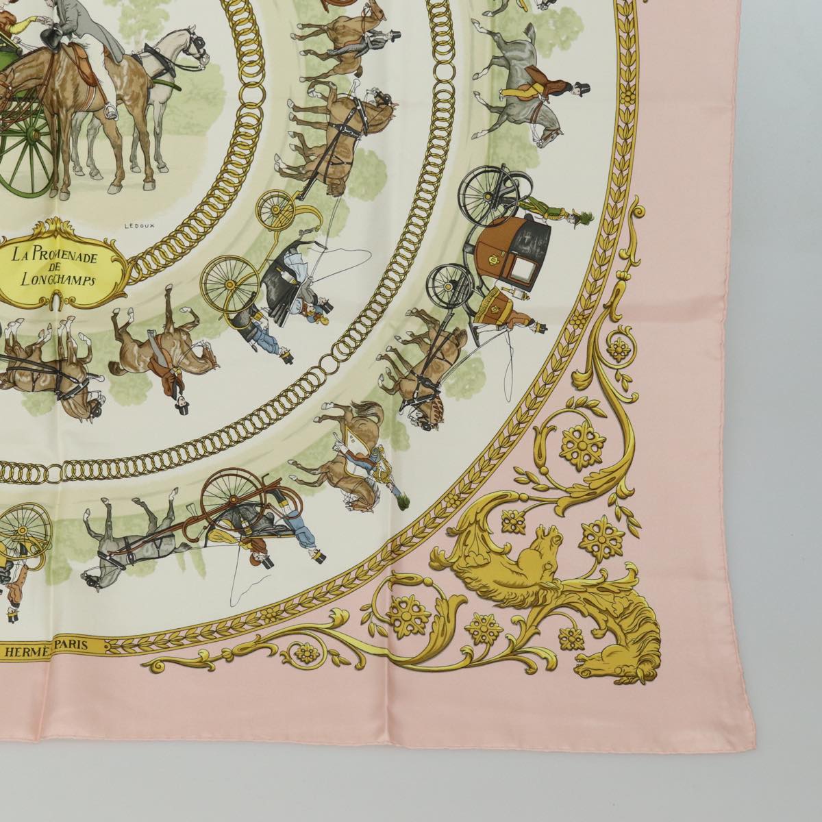 HERMES Carre 90 Scarf ""PROMENADE DE LONGCHAMPS""Silk Pink Auth am6607