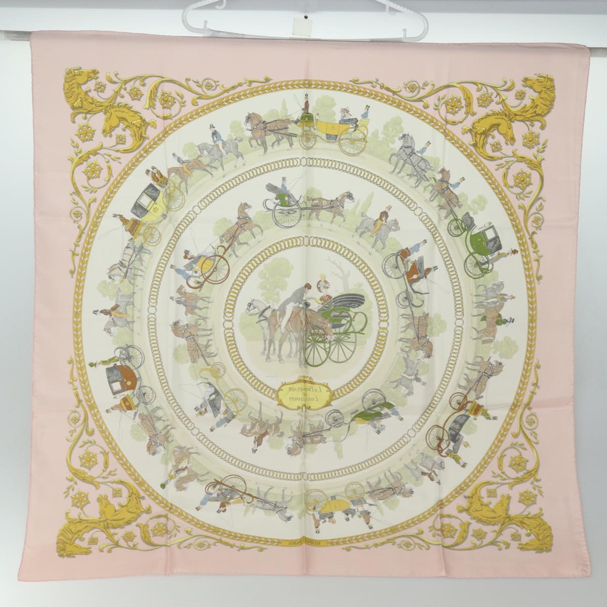 HERMES Carre 90 Scarf ""PROMENADE DE LONGCHAMPS""Silk Pink Auth am6607