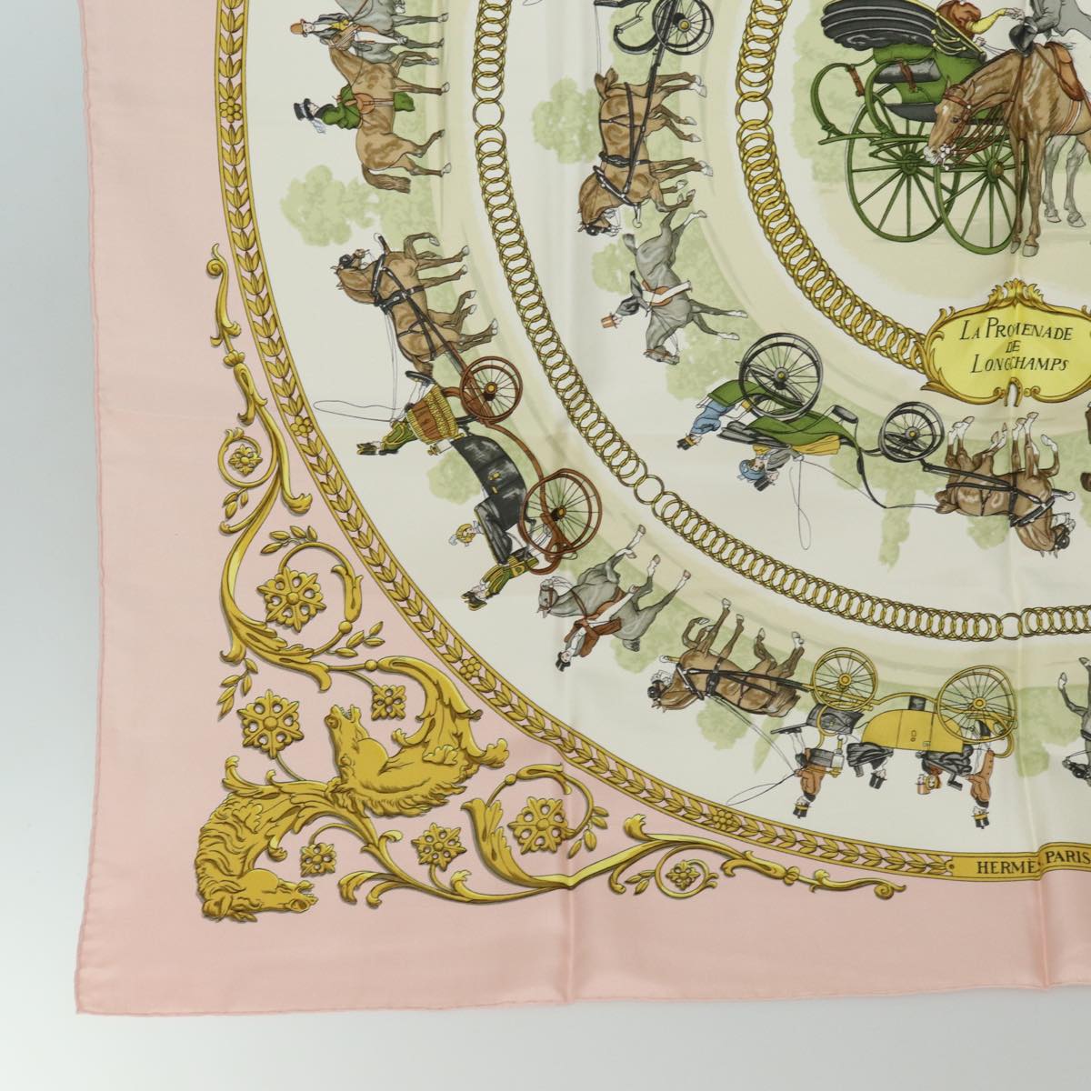 HERMES Carre 90 Scarf ""PROMENADE DE LONGCHAMPS""Silk Pink Auth am6607