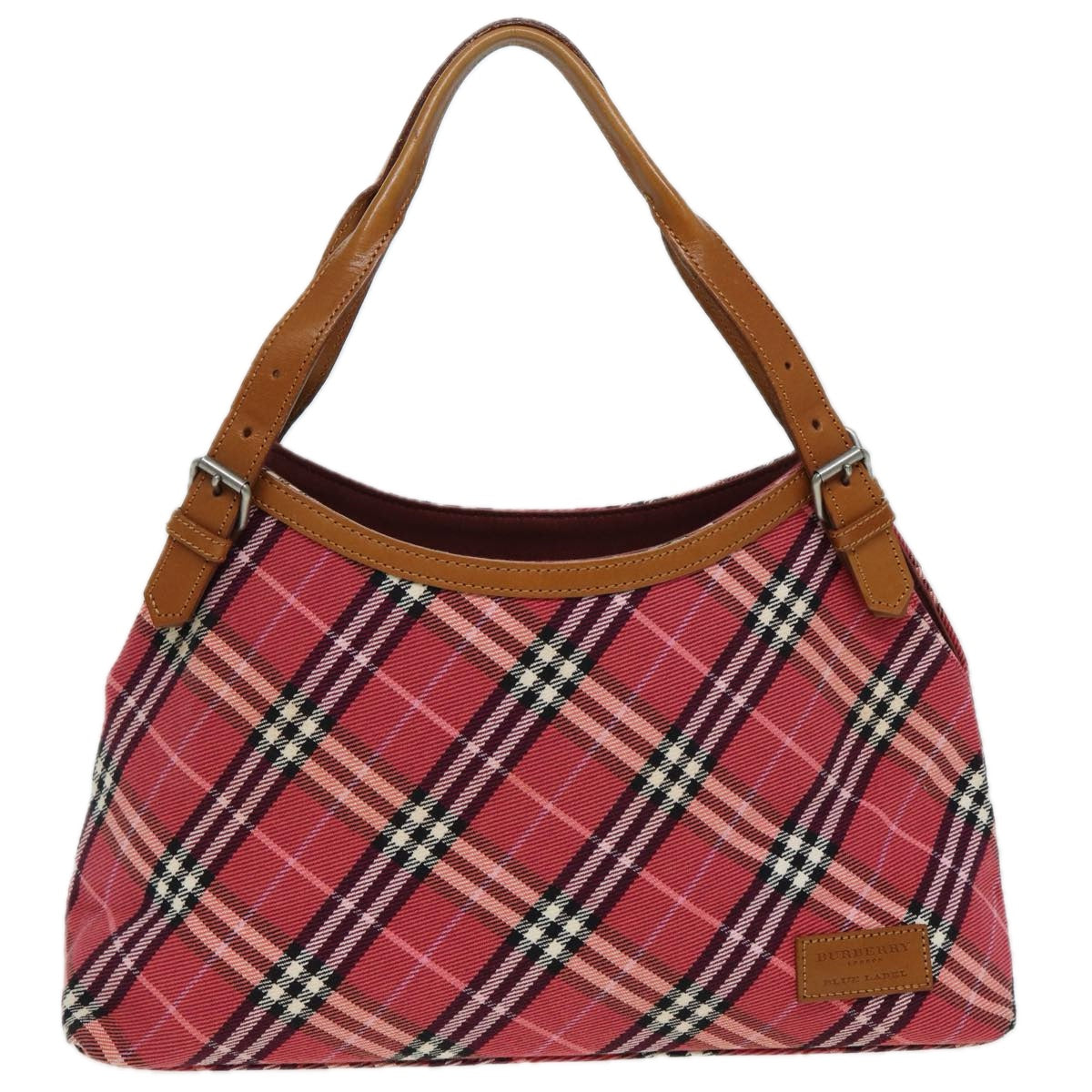 BURBERRY Nova Check Blue Label Hand Bag Canvas Leather Red Auth am6615