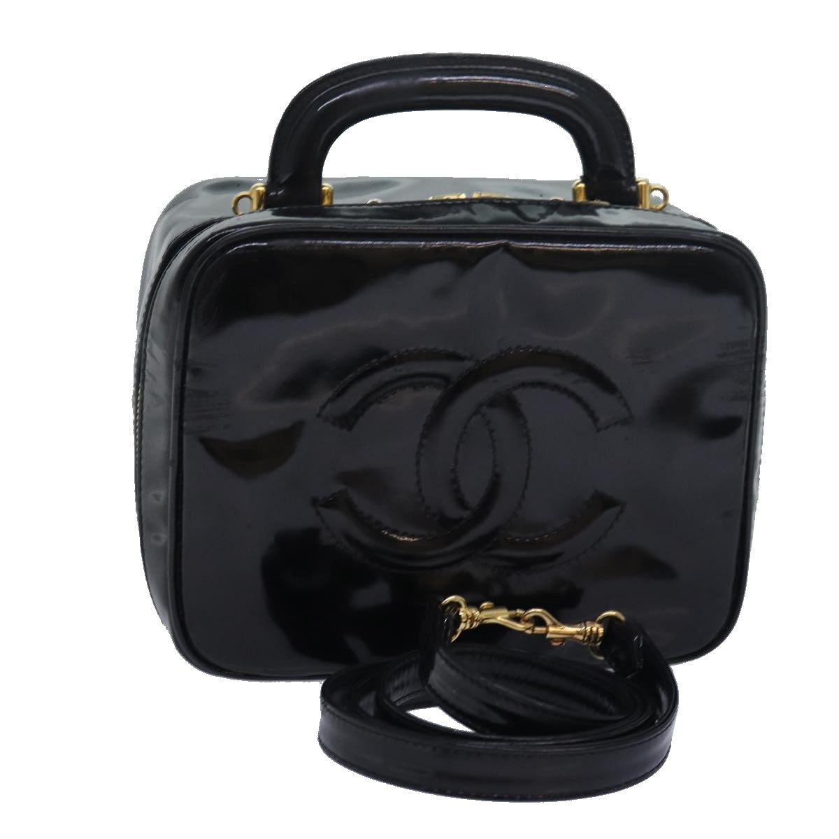 CHANEL Vanity Hand Bag Enamel 2way Black CC Auth am6641