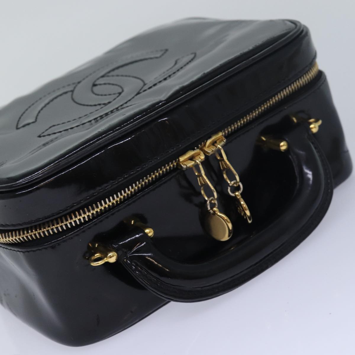 CHANEL Vanity Hand Bag Enamel 2way Black CC Auth am6641