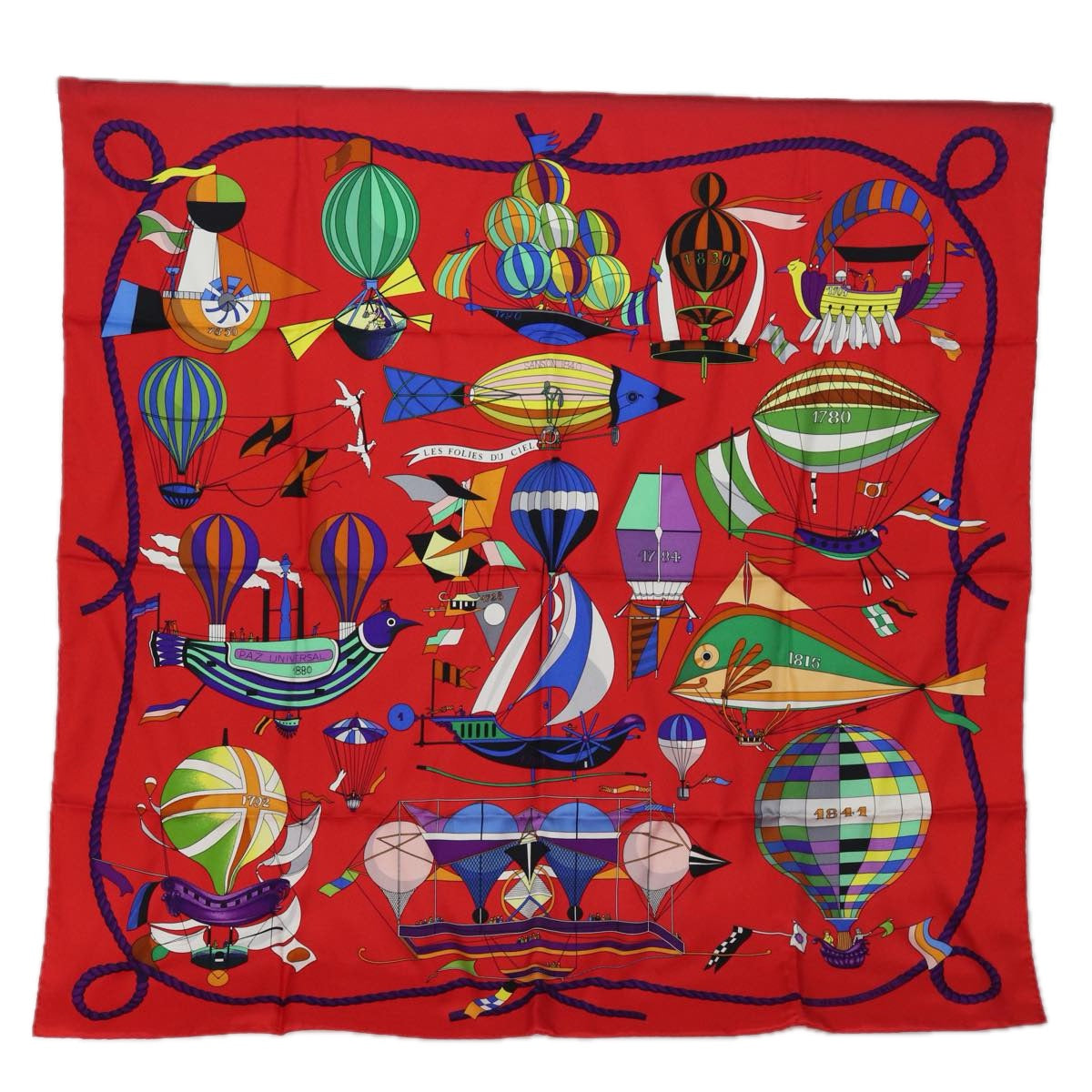 HERMES Carre 90 Scarf ""FOLIES DU CIEL"" Silk Red Auth am6649