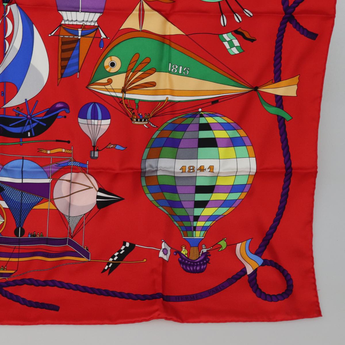 HERMES Carre 90 Scarf ""FOLIES DU CIEL"" Silk Red Auth am6649