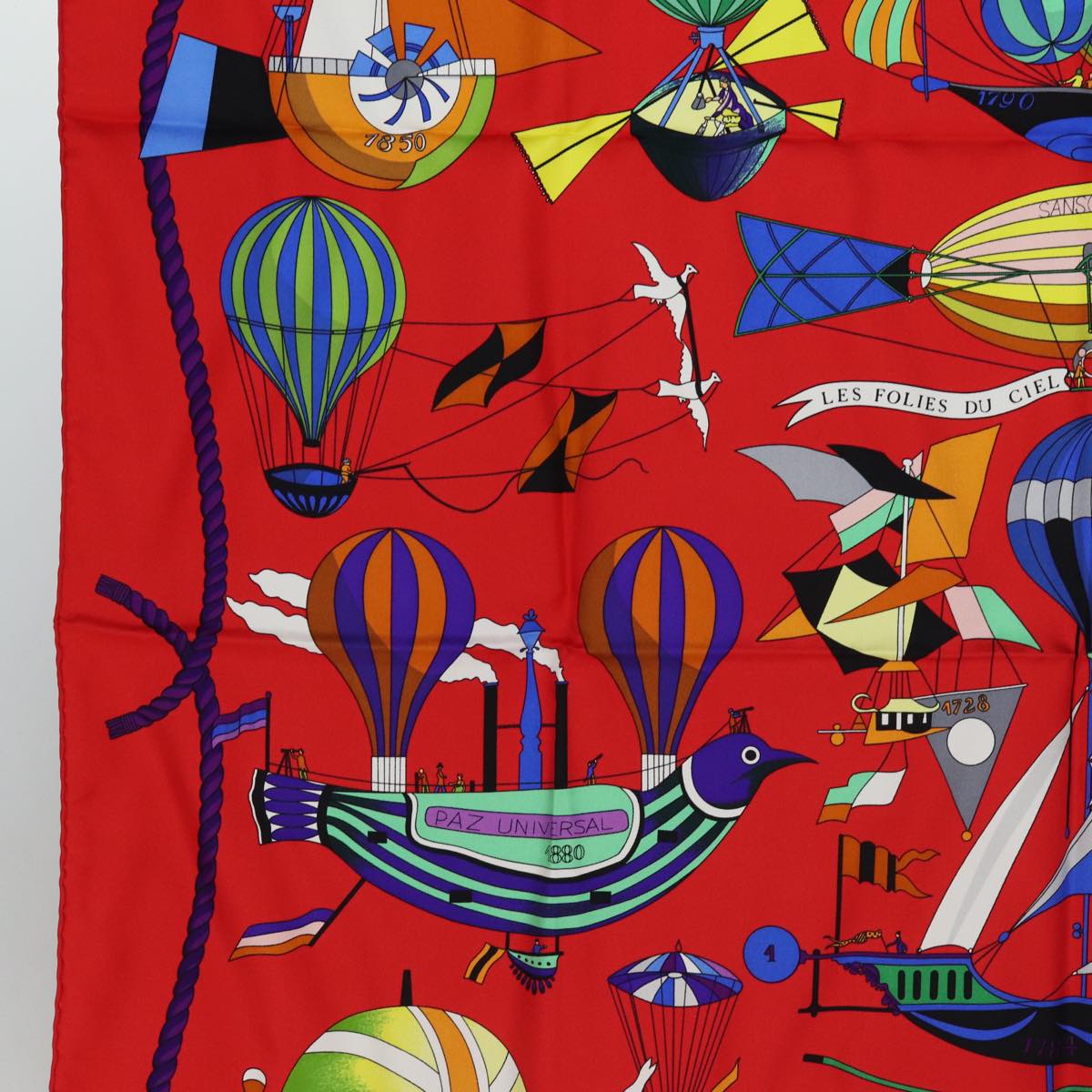 HERMES Carre 90 Scarf ""FOLIES DU CIEL"" Silk Red Auth am6649