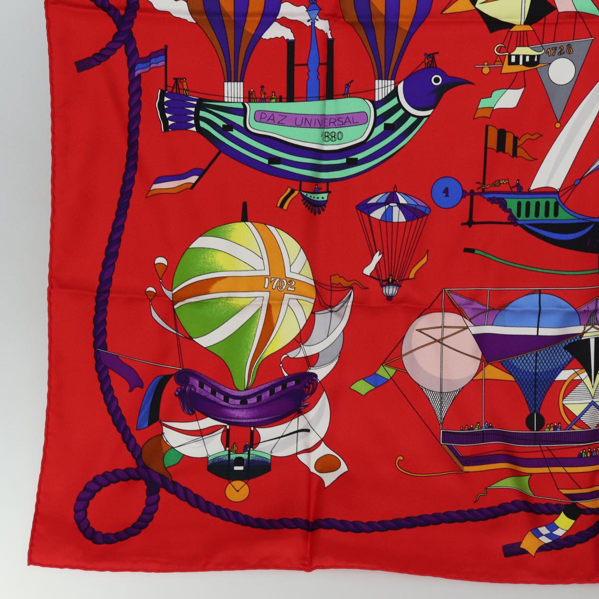 HERMES Carre 90 Scarf ""FOLIES DU CIEL"" Silk Red Auth am6649