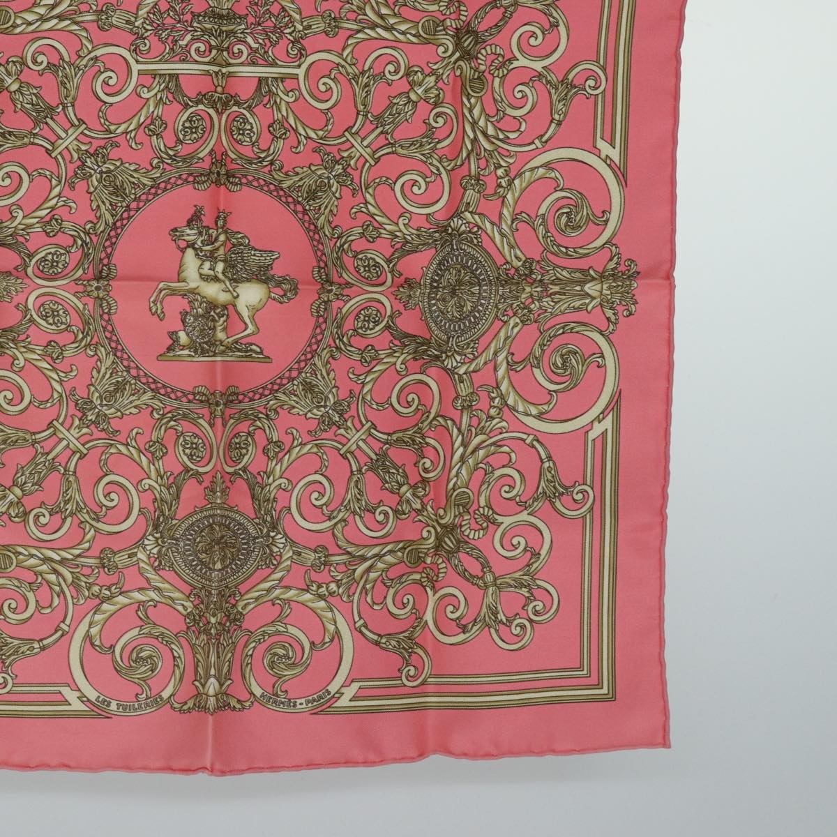 HERMES Carre 40 Scarf ""LES TUILERIES"" Silk Pink Auth am6650