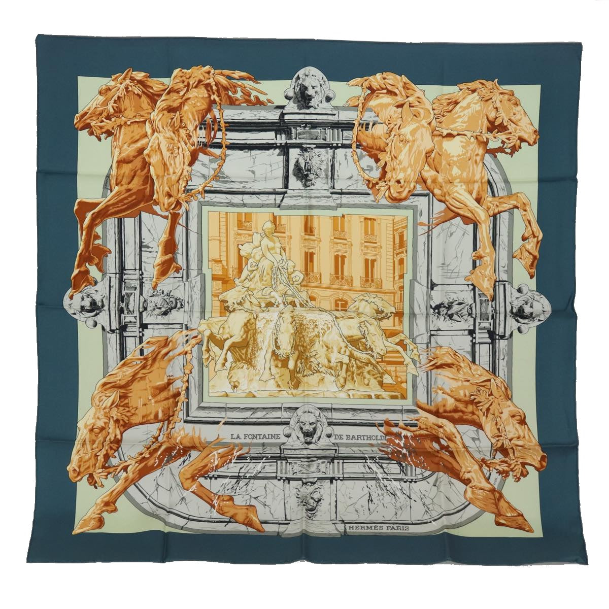 HERMES Carre 90 Scarf "" LA FONTAINE DE BARTHOLDI"" Silk Navy Auth am6651