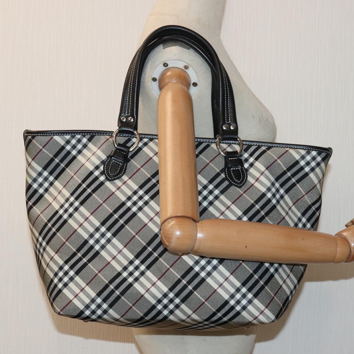 BURBERRY Nova Check Blue Label Tote Bag Nylon Black Gray Auth am6659