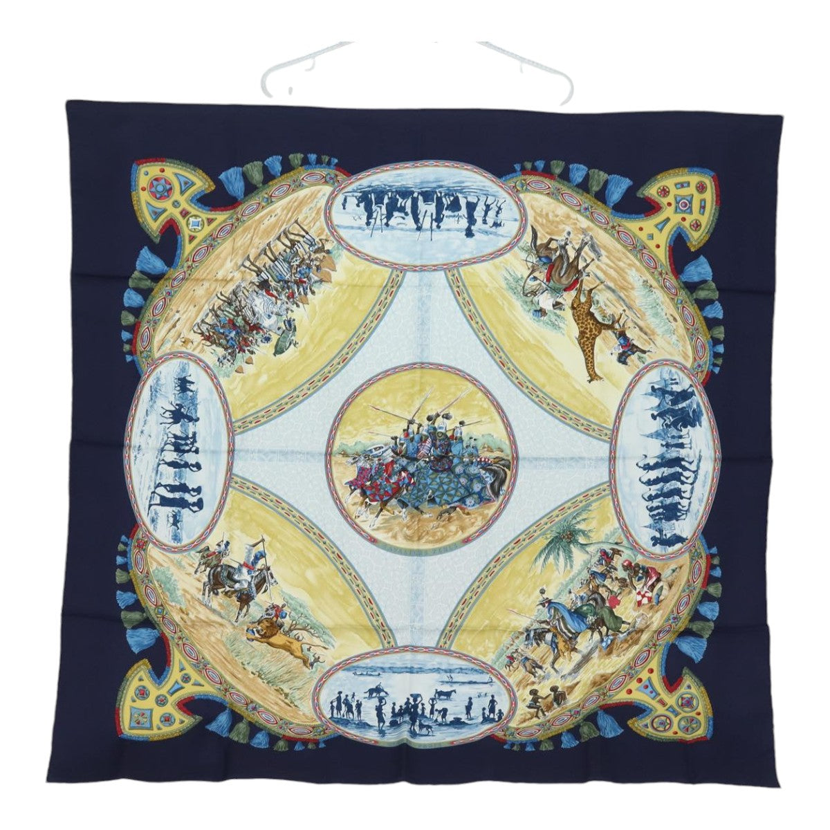 HERMES Carre 90 Scarf CAVALIERS PEULS Silk Navy Auth am6685