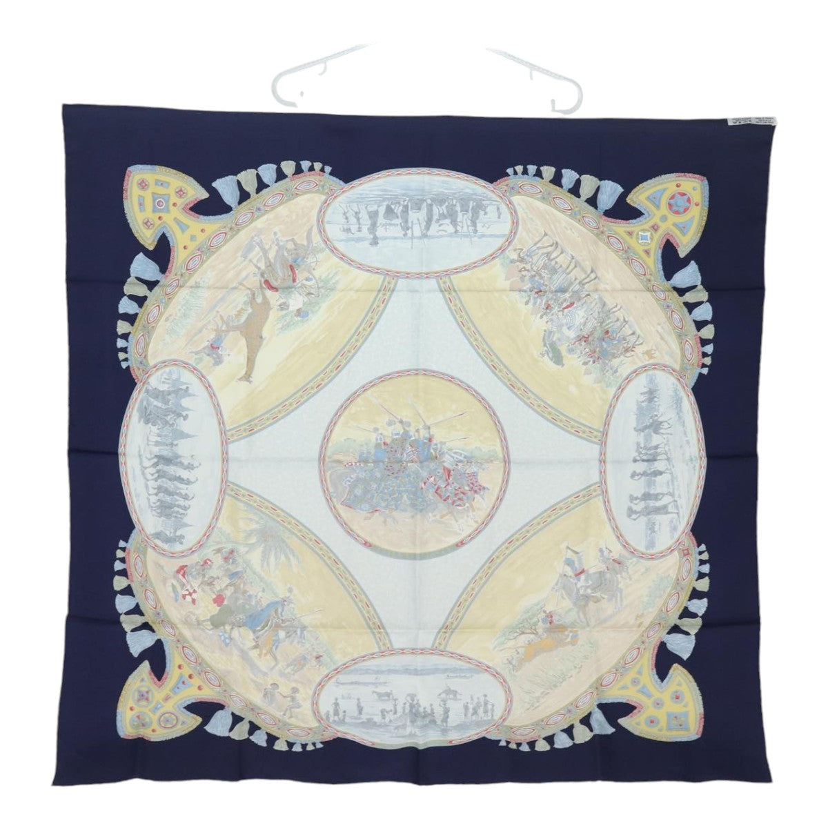 HERMES Carre 90 Scarf CAVALIERS PEULS Silk Navy Auth am6685