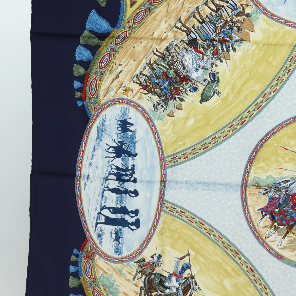 HERMES Carre 90 Scarf CAVALIERS PEULS Silk Navy Auth am6685