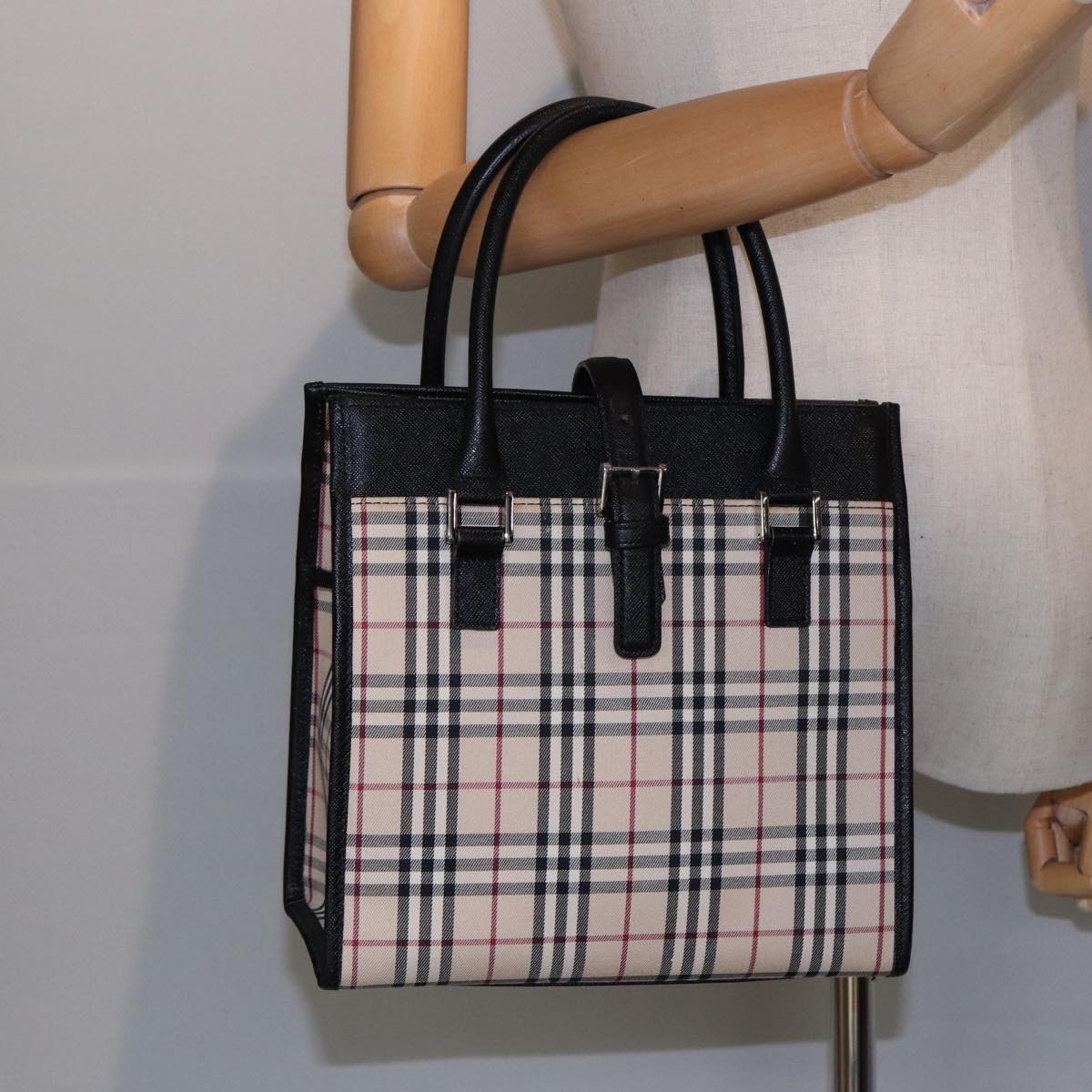 BURBERRY Nova Check Hand Bag Canvas Beige Black Auth am6710