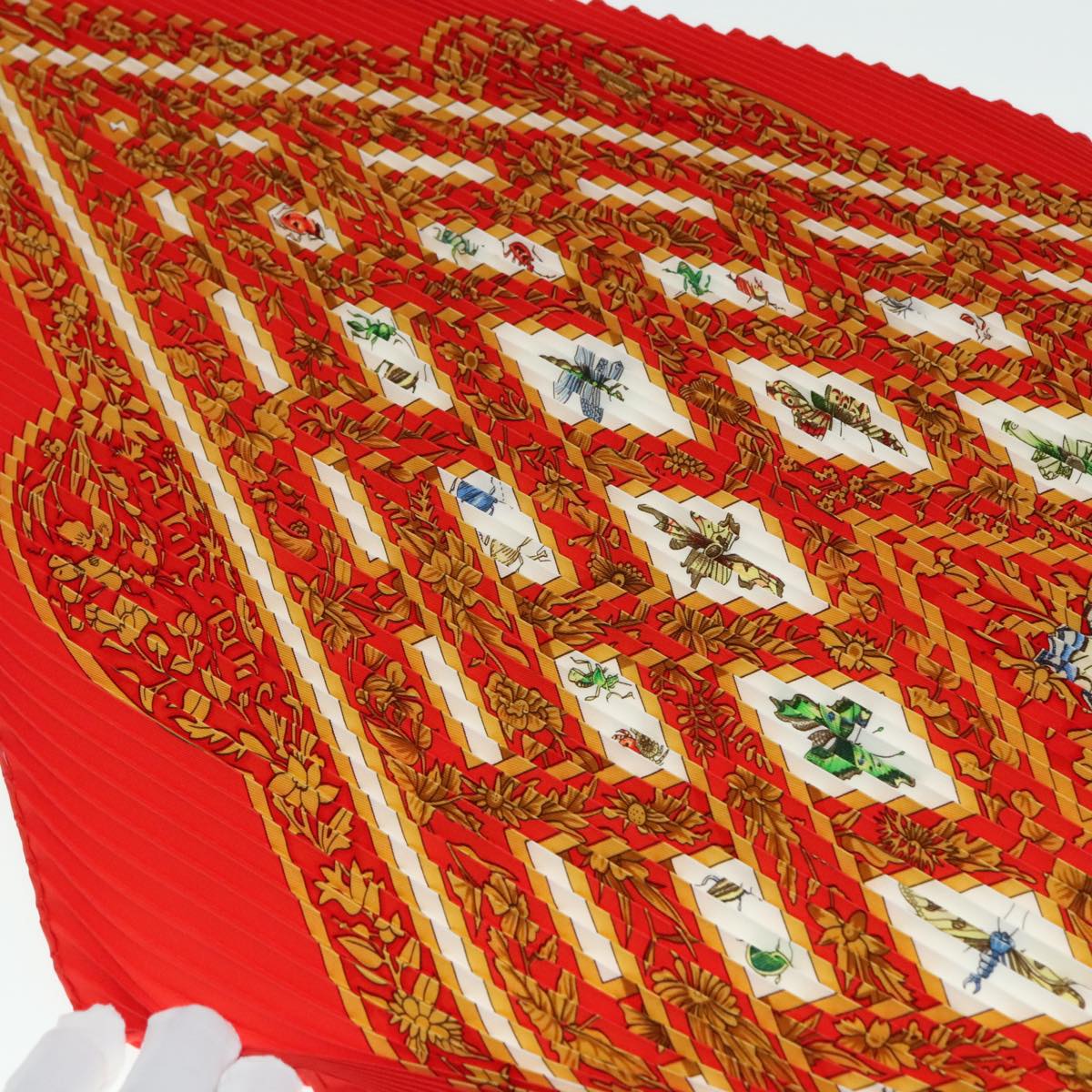 HERMES Pleated Carre 90 Scarf joyaux de l'ete Silk Red Auth am6734