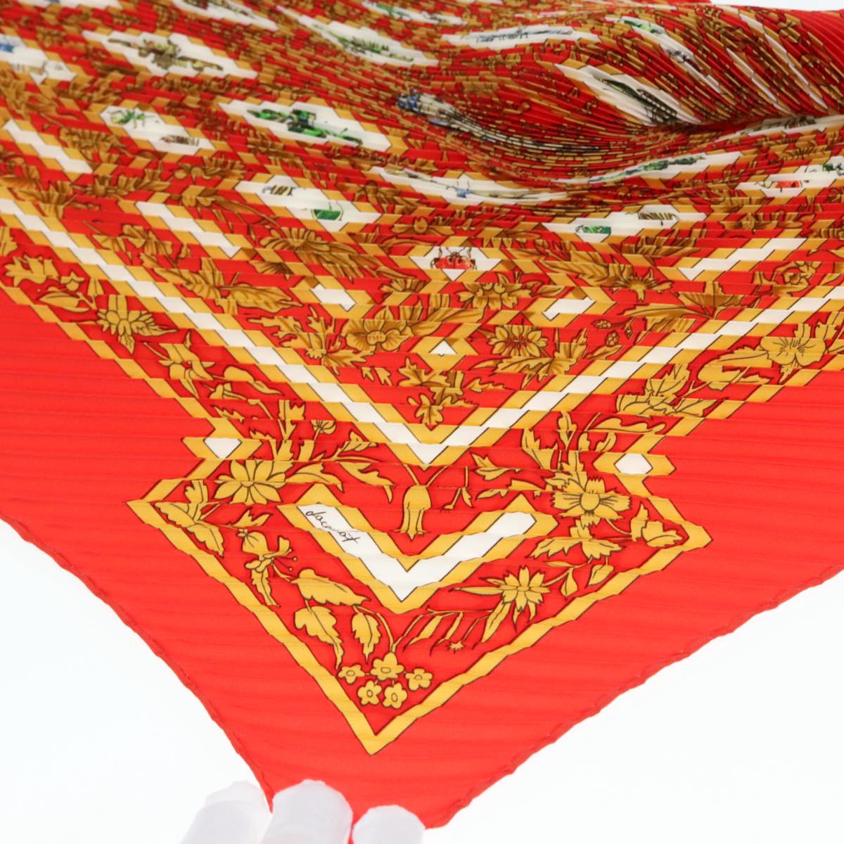 HERMES Pleated Carre 90 Scarf joyaux de l'ete Silk Red Auth am6734