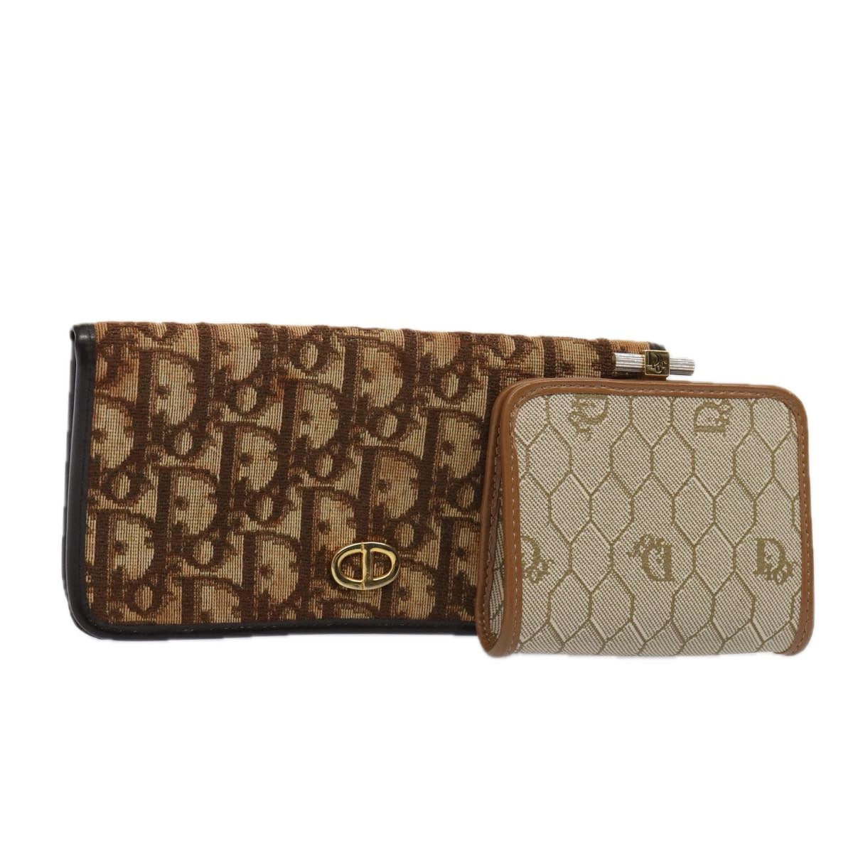 Christian Dior Trotter Honeycomb Canvas Wallet 2Set Brown Beige Auth am6749