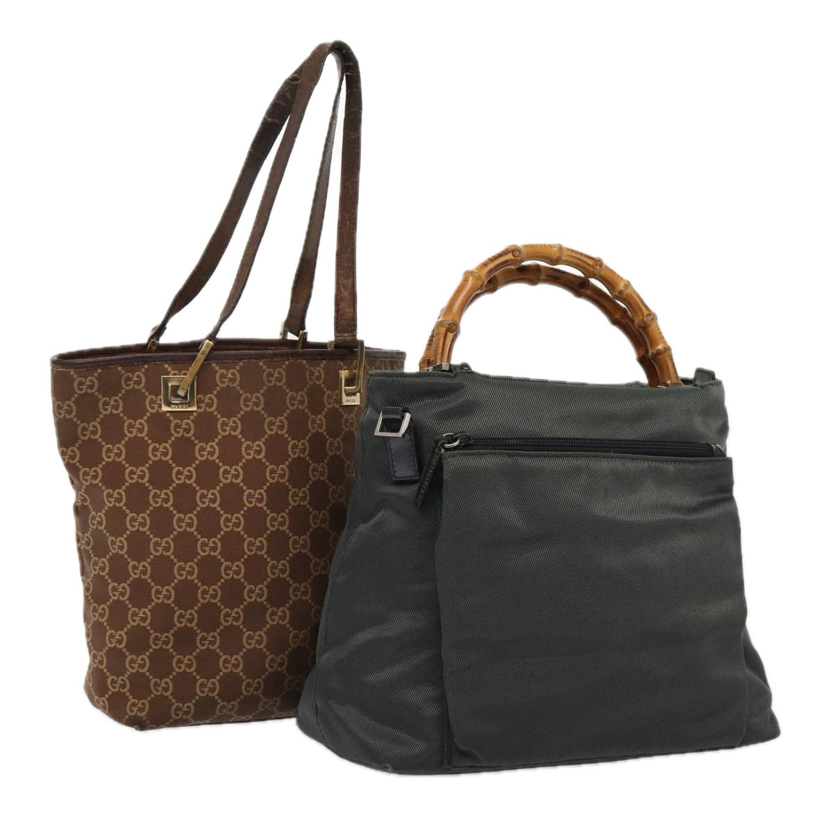 GUCCI GG Canvas Bamboo Hand Bag Nylon Canvas 2Set Brown Gray Auth am6758