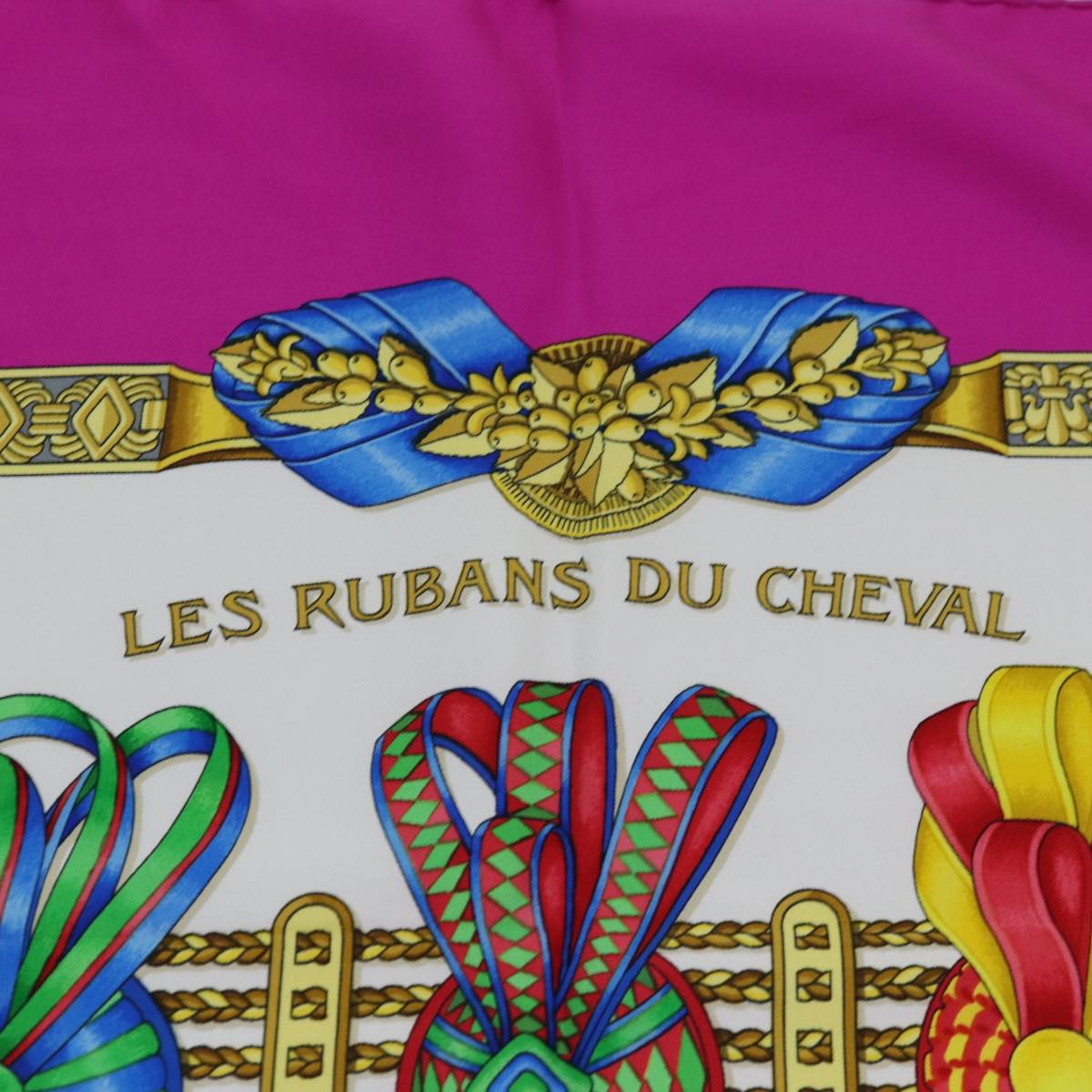 HERMES Carre 90 Scarf ""LES RUBANS DU CHEVAL"" Silk Pink White Auth am6759