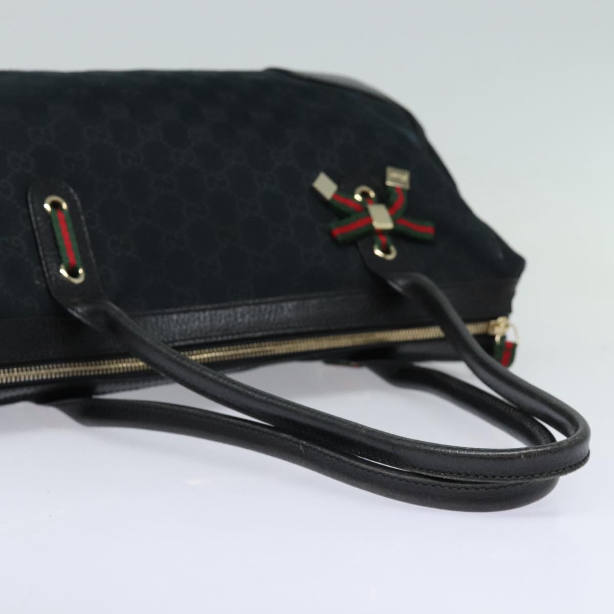 GUCCI Pretty GG Canvas Web Sherry Line Hand Bag Black Gold 177052 Auth am6773