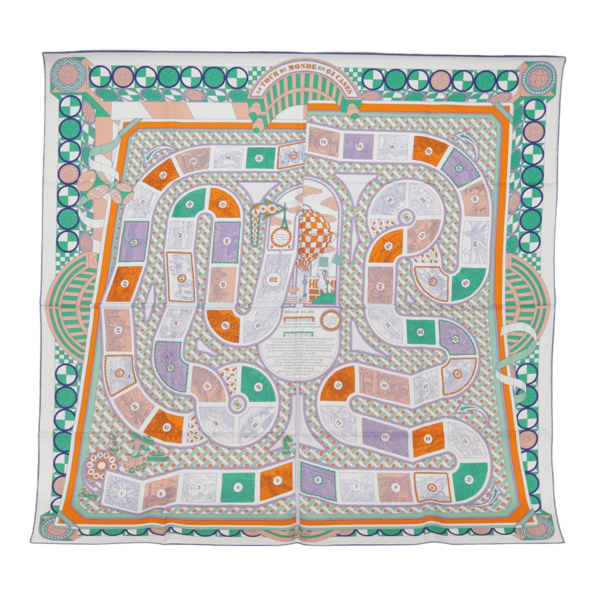 HERMES Carre 90 Scarf LE TOUR DU MONDE EN 63 CASES Silk White Orange Auth am6774