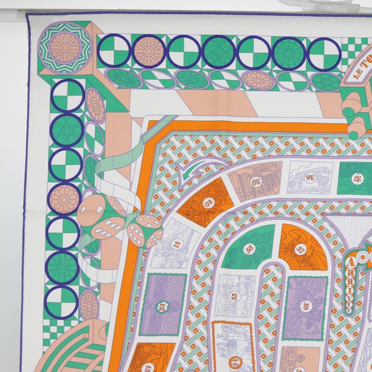 HERMES Carre 90 Scarf LE TOUR DU MONDE EN 63 CASES Silk White Orange Auth am6774 - 0