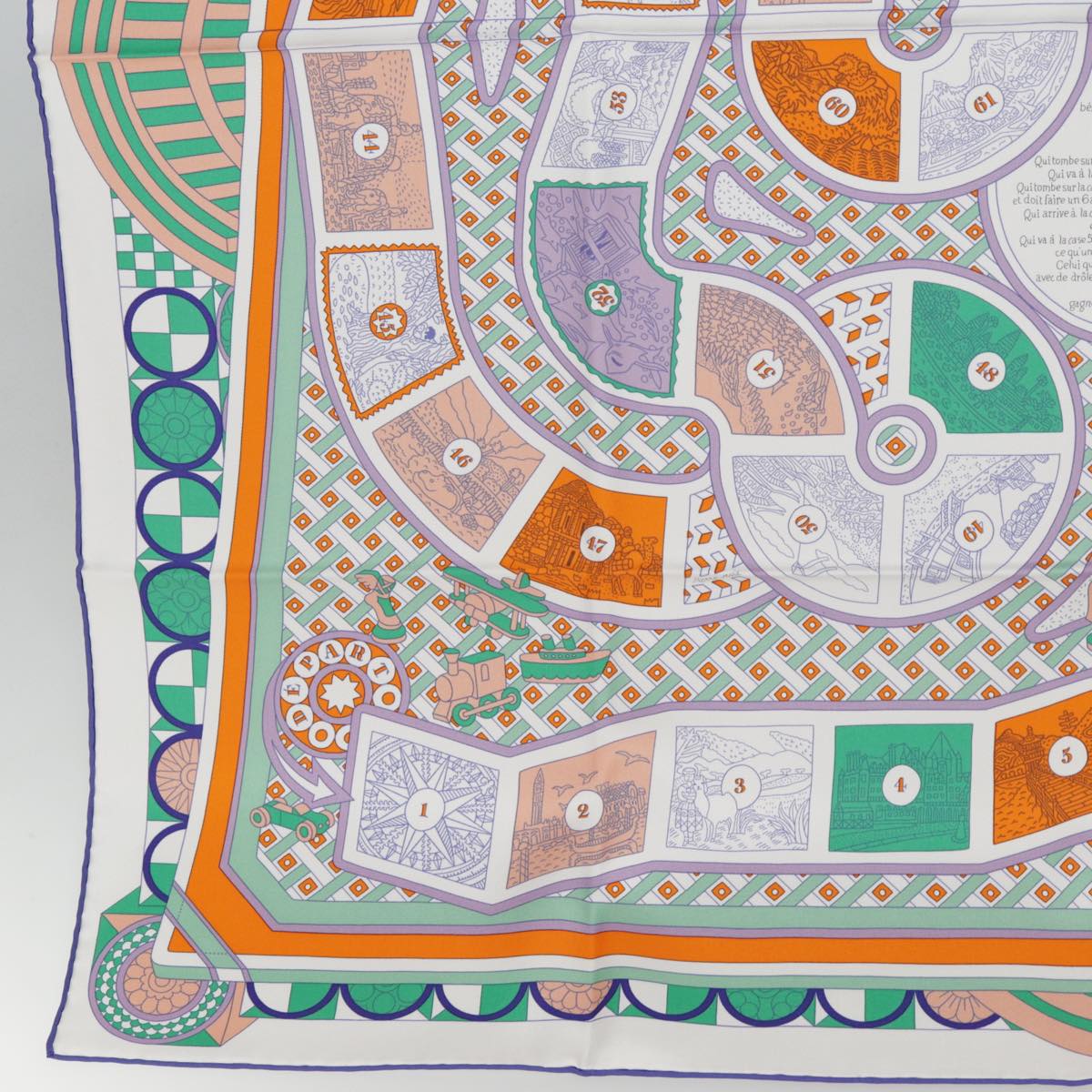 HERMES Carre 90 Scarf LE TOUR DU MONDE EN 63 CASES Silk White Orange Auth am6774