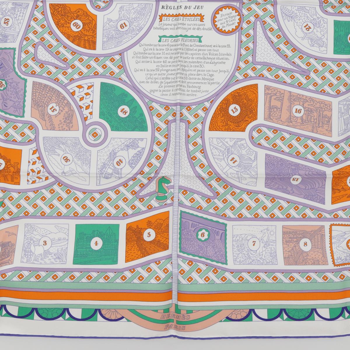 HERMES Carre 90 Scarf LE TOUR DU MONDE EN 63 CASES Silk White Orange Auth am6774