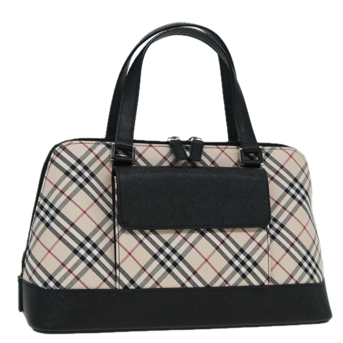 BURBERRY Nova Check Hand Bag Canvas Leather Beige Black Silver Auth am6793