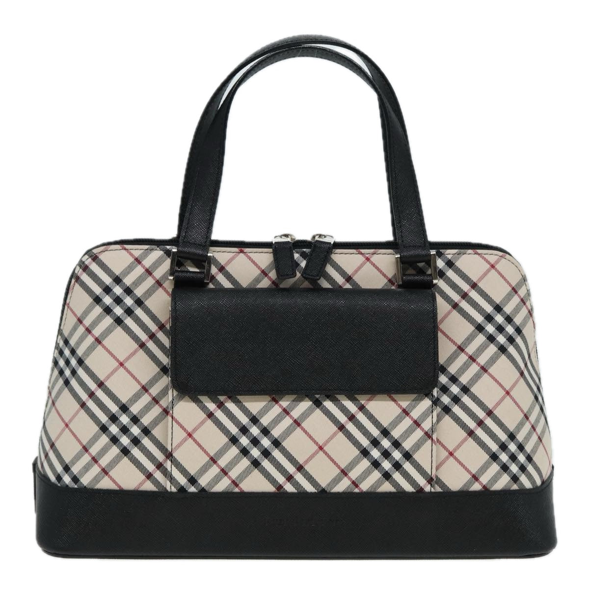 BURBERRY Nova Check Hand Bag Canvas Leather Beige Black Silver Auth am6793