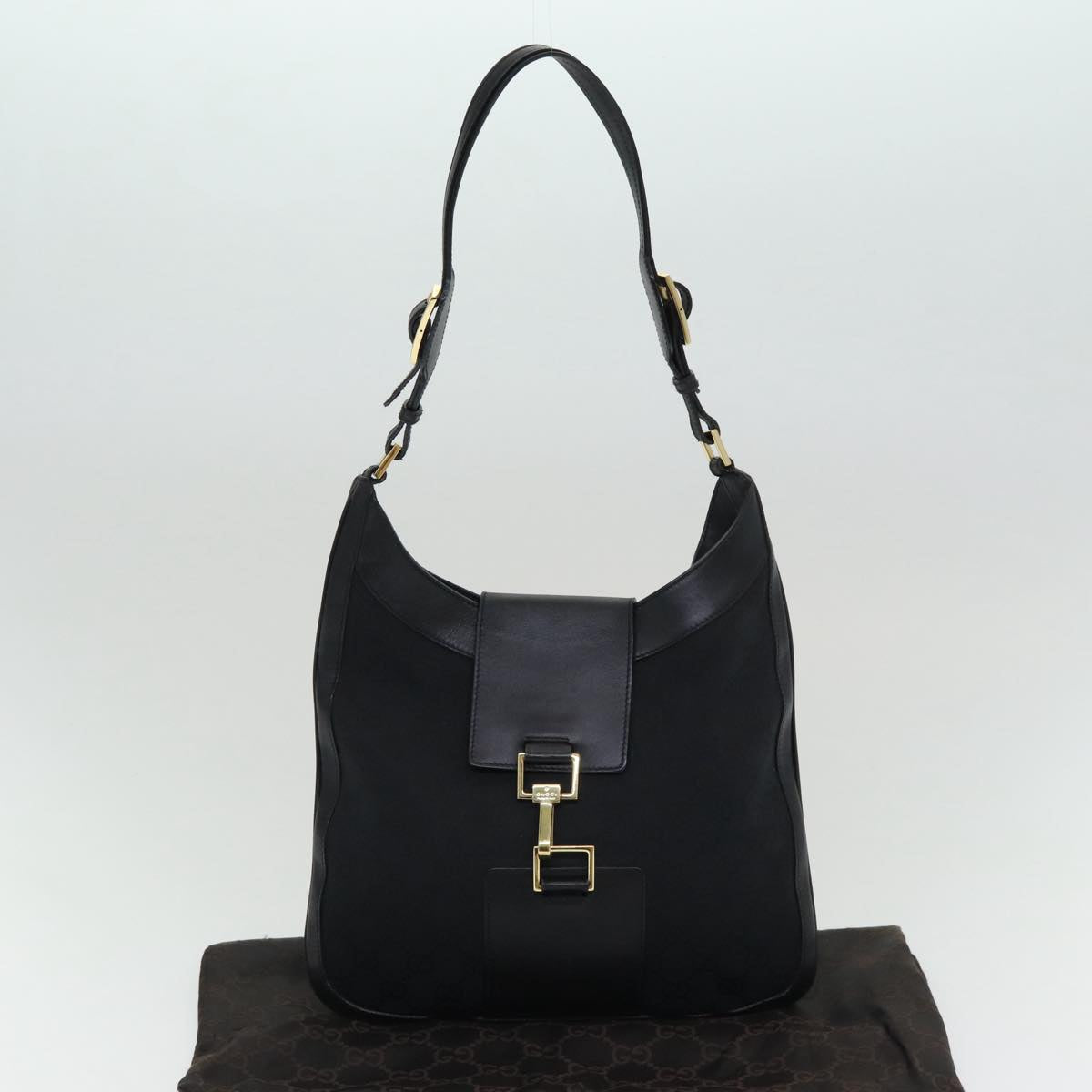 GUCCI Jackie GG Canvas Shoulder Bag Black Gold 001 4129 Auth am6796