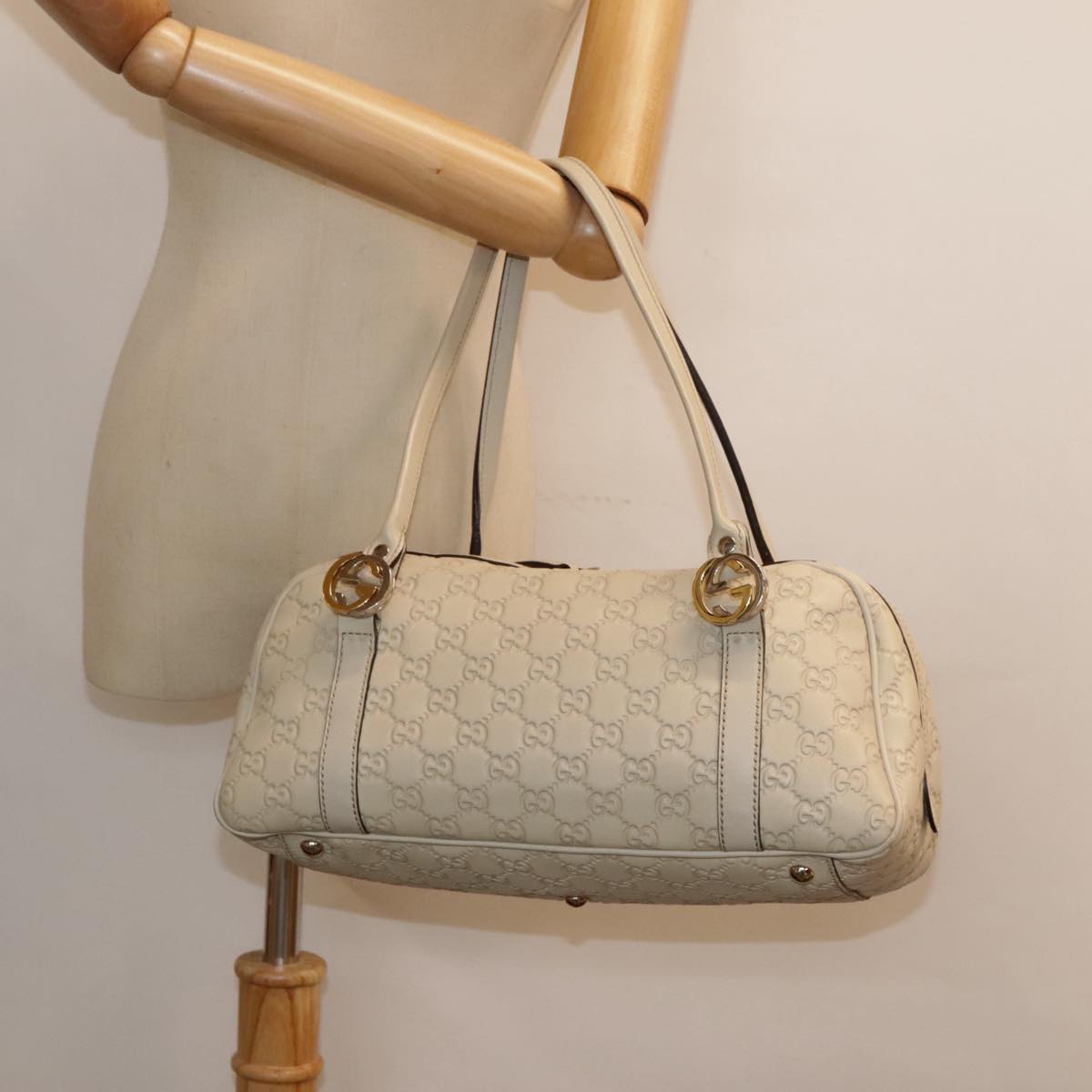 GUCCI Guccissima GG Twins Hand Bag Leather White Auth am6833