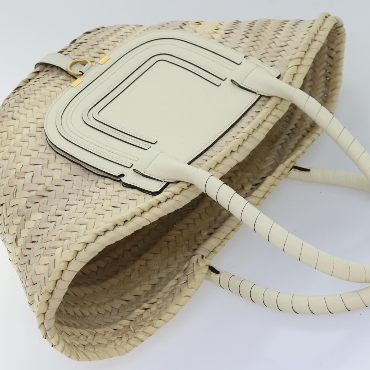 Chloe Mercy Hand Bag Straw Beige Gold Auth am6837